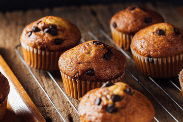 Freshly Baked Chocolate Chip Muffins on Rustic Wooden Table