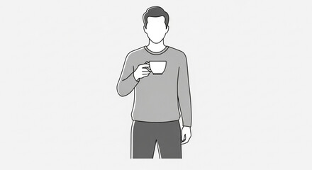 A man is holding a cup of coffee, standing in a relaxed pose