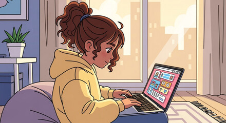 A young woman with curly hair is sitting in a chair by the window, working on her laptop and browsing social media while relaxing at home
