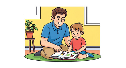 A father is reading a book to his son, sitting on the floor in the living room, surrounded by a plant and a yellow wall, creating a warm atmosphere