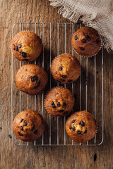 Freshly Baked Muffins with Chocolate Chips on Rustic Wooden Table