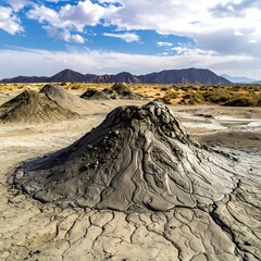 Unusual landscape features of mud volcanoes under a clear sky