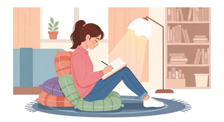 A girl sits on cushions, immersed in writing in her notebook, with a lamp and bookshelf nearby
