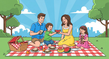 A delightful family picnic in the park, sharing watermelon and sandwiches, creating cherished memories in this vibrant illustration