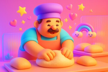 Obraz premium Cute cartoon baker kneading dough surrounded by smiling stars, hearts, and rainbow on a colorful pink background in soft light style. Ai generative