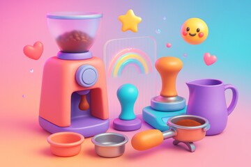 Cute pastel coffee-making equipment with smiling emoji and colorful rainbow on pink and blue abstract background in playful cartoon style. Ai generative