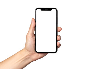 Hand holding smartphone with blank display, realistic mockup style for design showcase, isolated on transparent background.