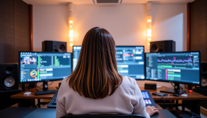 Modern Multimedia Workspace with Multimonitor Setup and Creative Interfaces