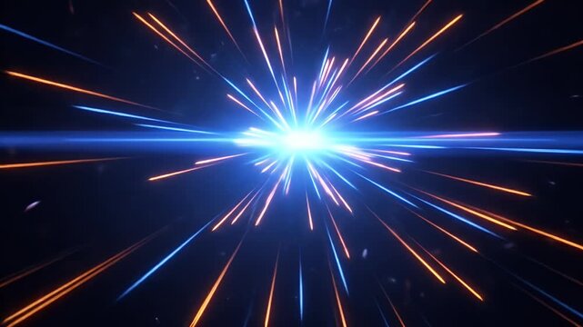 Abstract glowing explosion of blue and orange light streaks on black