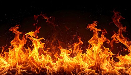 Fiery inferno with vibrant orange and yellow flames dancing in the dark, symbolizing heat and intensity