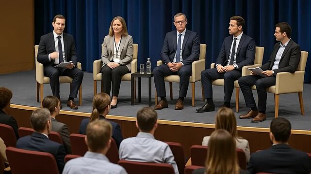 Corporate Panel Discussion with Diverse Professionals and an Engaged Audience at a Business Conference