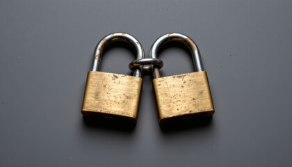 Brass Padlocks Connected Chain Dark Surface