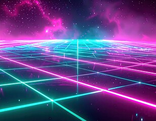 Vibrant digital artwork depicts a futuristic landscape with glowing neon gridlines and a mesmerizing cosmic background featuring bright magenta and turquoise colors, creating a sense of depth.