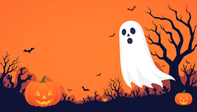 Spooky Halloween Scene with Pumpkins Ghosts and Bats