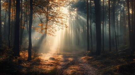 Naklejka premium A sunbeam illuminates a path through a misty autumn forest, casting long shadows and highlighting the vibrant colors of the foliage.