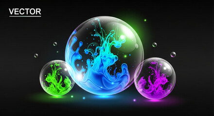 A captivating vector illustration of vibrant ink swirling within glass spheres, creating a mesmerizing and colorful abstract composition