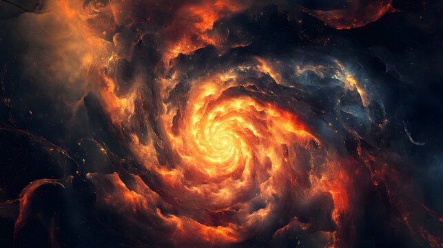 A swirling vortex of fiery orange and dark gray clouds creates a dramatic and otherworldly abstract pattern.