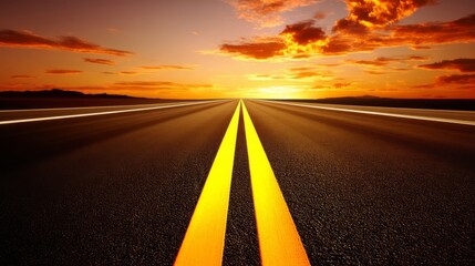 Fototapeta premium A straight highway stretches into the distance under a warm sunset sky filled with orange, red, and purple gradients,