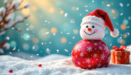 Fototapeta premium Festive Snowman with Gift Winter Holiday Scene