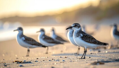 Obraz premium Shorebirds Foraging on a Sandy Beach During Golden Hour With Soft Morning Light And Bokeh Effect