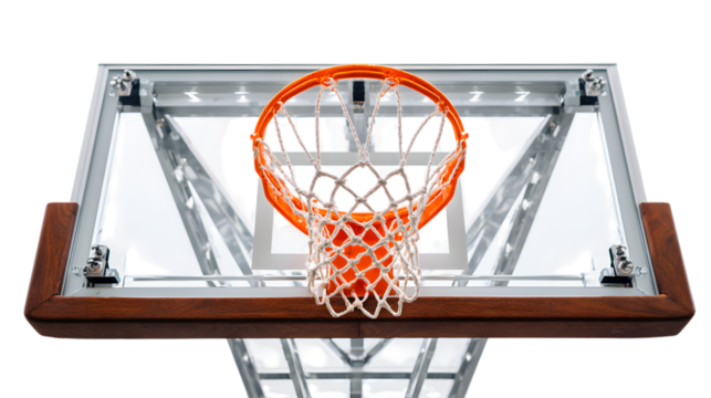 High angle view of a basketball hoop and net.