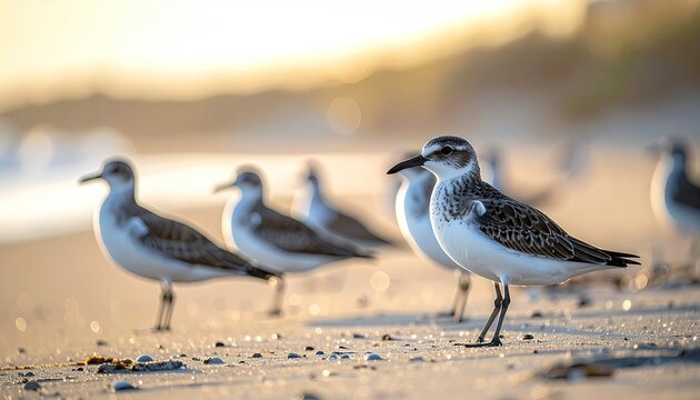 Shorebirds Foraging on a Sandy Beach During Golden Hour With Soft Morning Light And Bokeh Effect