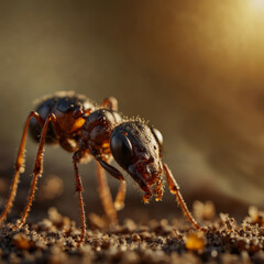 Golden Hour Macro Shot of an Ant Carrying Food with Warm Sunset Light