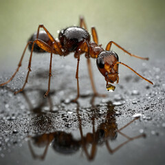 Ant and Water Droplet Reflection in Ultra-Realistic Macro Photography