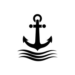 Anchor Silhouette Vector – Nautical Marine Symbol with Ocean Waves for Maritime Design