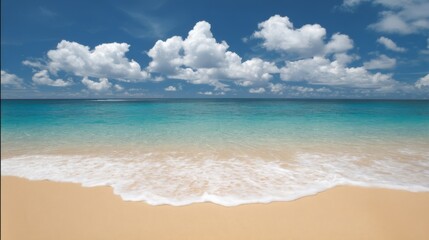 Fototapeta premium Serene beach with golden sand and gentle waves, turquoise water meets deep blue ocean,