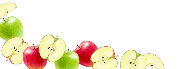 りんご　果物　背景 フレーム 横長　水彩 イラスト