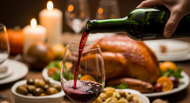 Pouring red wine into a glass during a thanksgiving dinner with a roasted turkey in the background - Powered by Adobe