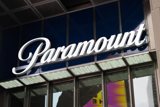 New York, NY, USA - July 3, 2022: Paramount logo is seen at the entrance to Paramount Global's office at 1515 Broadway in New York City's Times Square.