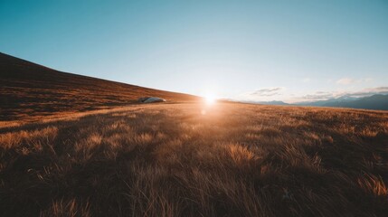 Serene sunset landscape on a hill with warm golden glow, tall dry grass, small white tent, scattered clouds,