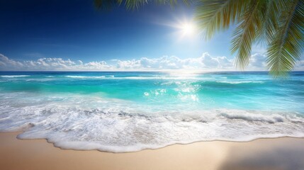 Stunning tropical beach scene with sunlight piercing through fluffy clouds, turquoise sea, golden-brown sand,