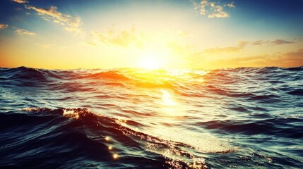 Serene seascape at sunset with sun partially submerged, gentle waves reflecting sunlight creating shimmering path,