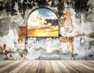 Weathered wall with arch window looking out on a sunset, wooden floor