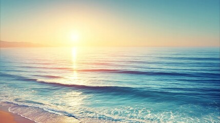 Beautiful sunset over the sea with warm hues transitioning to deep blues, gentle waves reflecting sunlight,