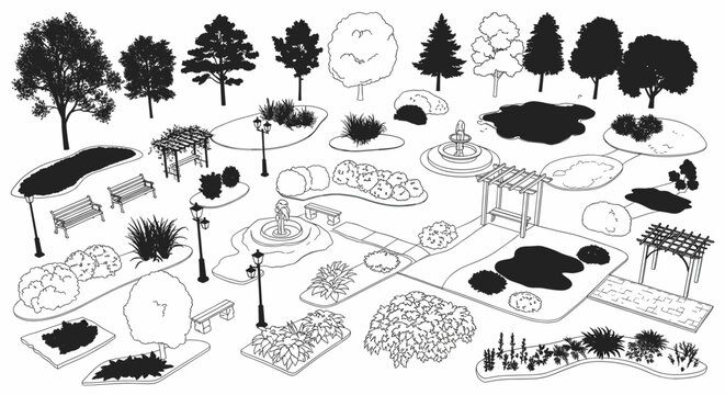 A collection of black and white landscape architecture elements for designing parks and gardens.