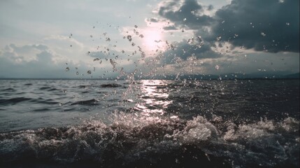 Dynamic water splashing against cloudy sky with sunlight breaking through, suspended droplets emphasizing movement,
