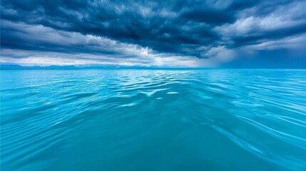A vast body of water under a dramatic sky with heavy stormy clouds, reflecting various blue tones,