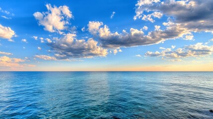 Tranquil seascape with calm blue ocean and clear sky featuring scattered white clouds,