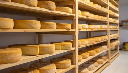 Rows of various cheese rounds maturing on wooden shelves, dairy farm