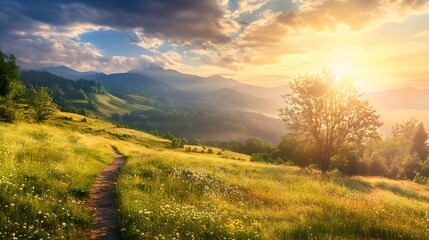 A winding path leads through a grassy meadow towards a mountain range at sunset. The sun peeks through the clouds, casting a golden glow on the landscape.
