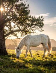 White horse grazing under a tree as the sun streams through the branches