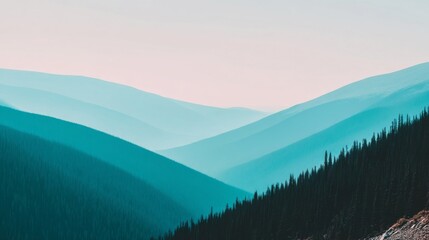 Scenic mountain landscape at twilight with rolling hills covered in dense evergreen trees under a colorful sky.