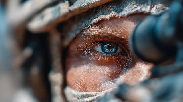 An ultra-close-up of an intense, piercing blue eye, framed by tactical gear and focused through a scope, conveying unwavering concentration, vigilance, and the raw grit of a soldier on a mission.