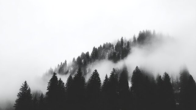 A misty forest landscape with tall coniferous trees on sloping terrain,