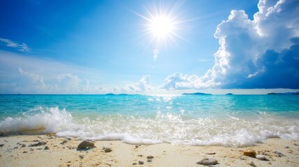 A vibrant beachscape under a sunny sky with scattered clouds, blue ocean waves gently meeting the sandy shore.