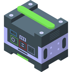 Portable Power Generator Unit With Green Handle And Multiple Outlets Gray And Purple Isometric View